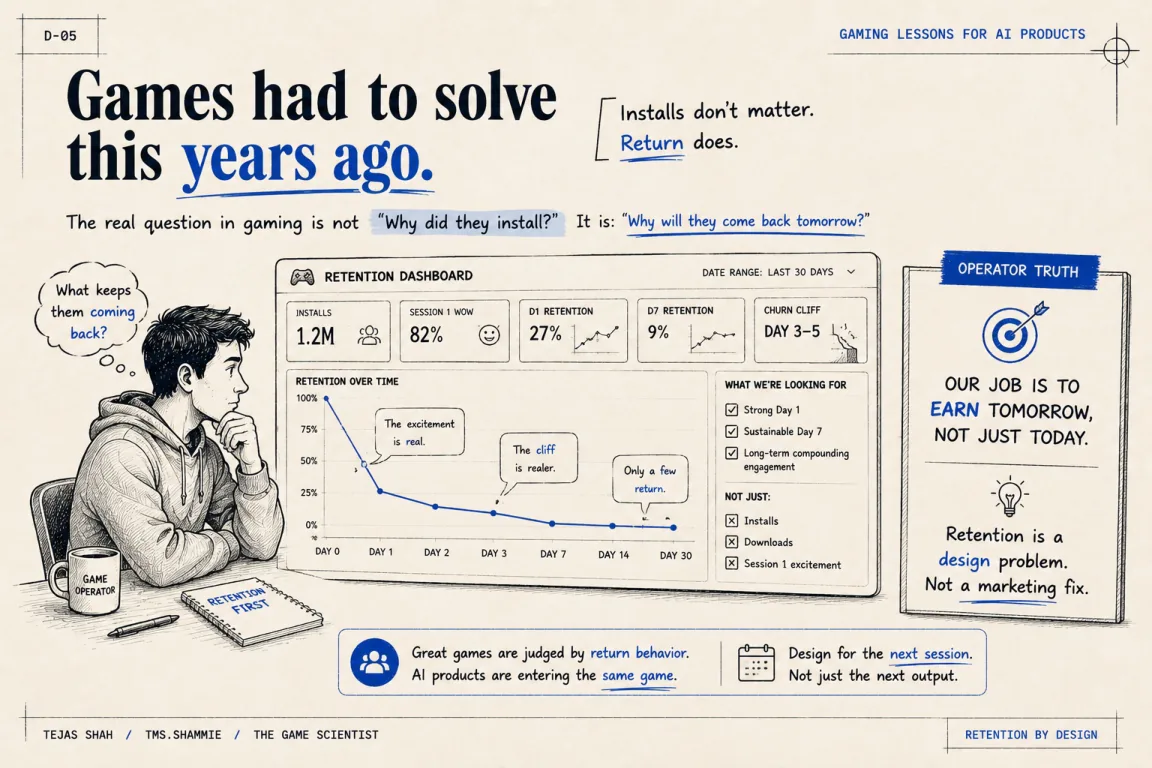 Games had to solve this years ago — installs don't matter, return does. Great games are judged by return behavior. Retention is a design problem, not a marketing fix.