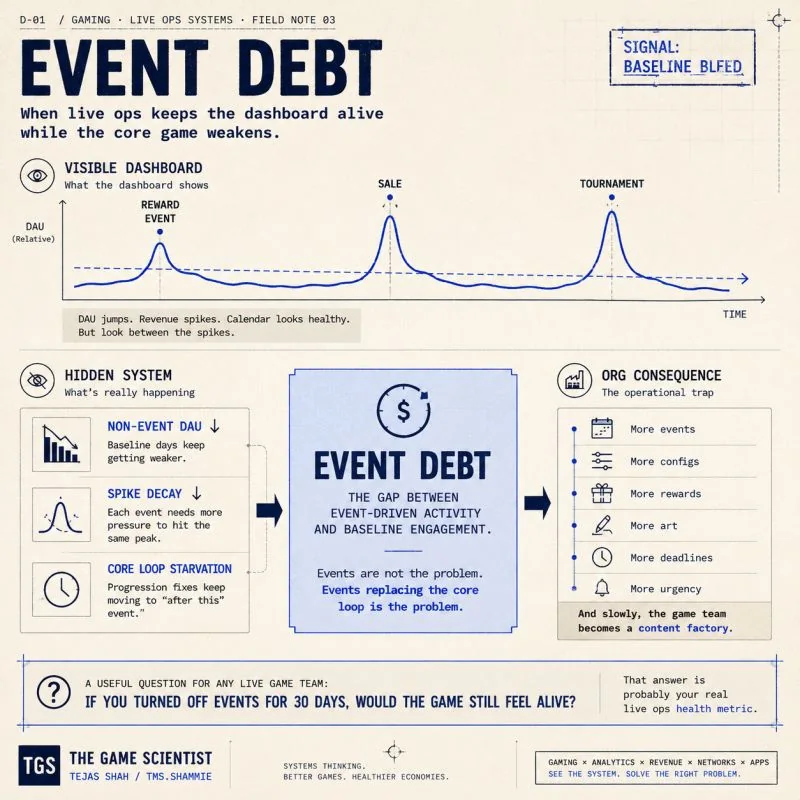 Event Debt: when live ops keeps the dashboard alive while the core game weakens. Non-event DAU declining, spike decay requiring more pressure, core loop starvation. If you turned off events for 30 days, would the game still feel alive?