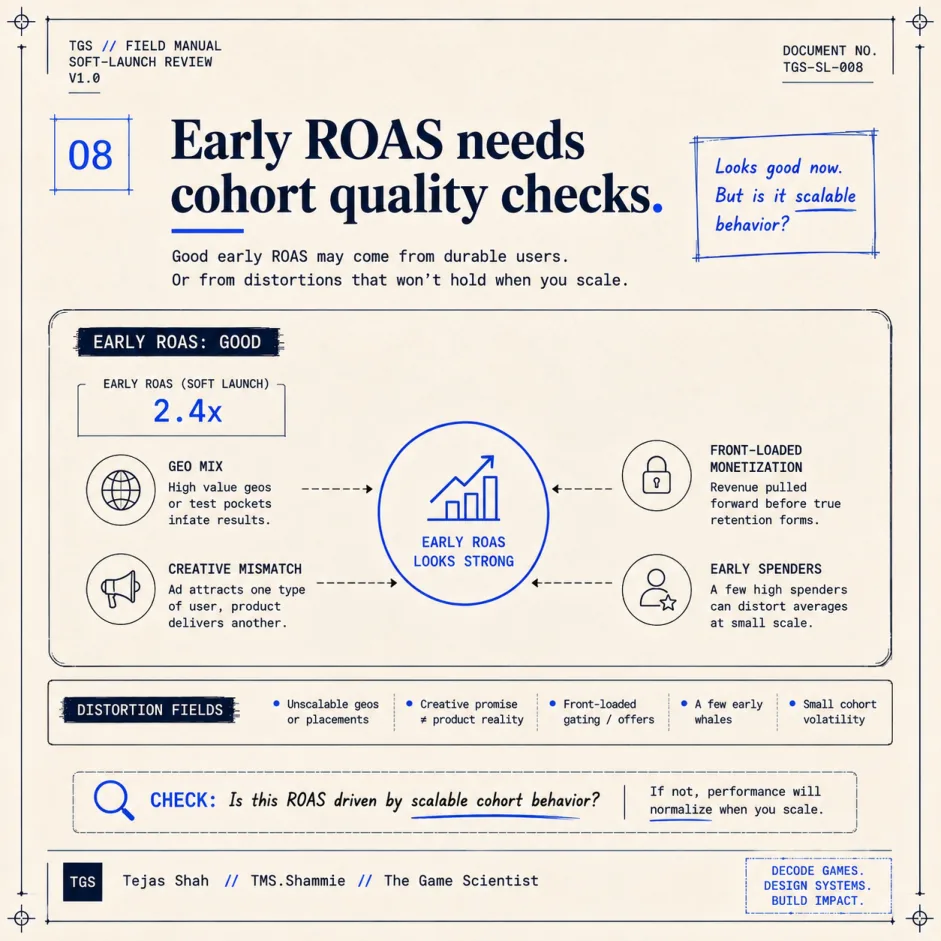 Early ROAS needs cohort quality checks — good early ROAS can come from geo mix, front-loaded monetization, or a handful of early spenders that won't replicate at scale